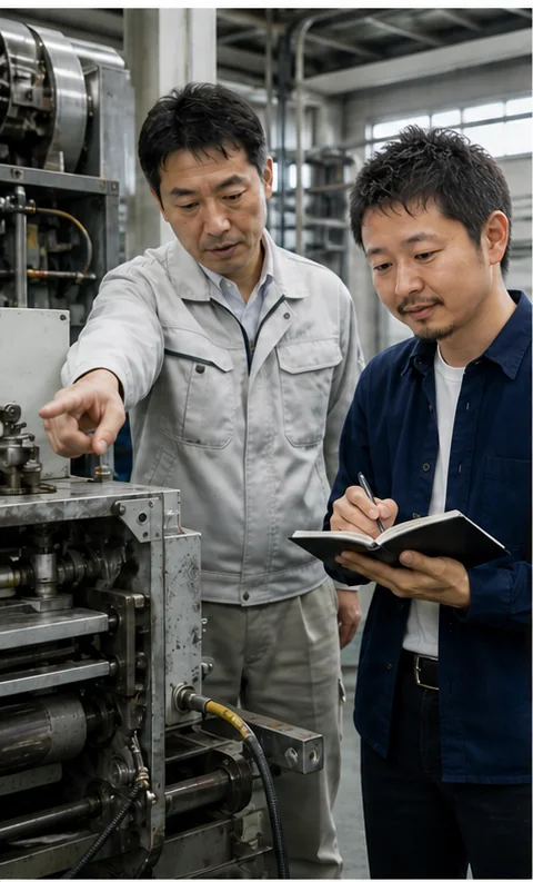 企業の工場担当者が現場の設備を示し、チームアルマダの担当者が話を聞く様子