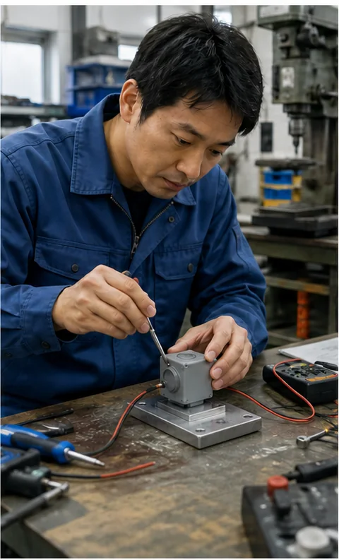 試作メーカーの技術者が工具と測定器を使い、試験用の装置を組み立てる様子