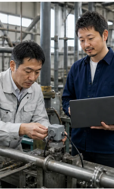 企業の工場担当者が試作品を設備へ取り付け、チームアルマダの担当者と結果を確認する様子