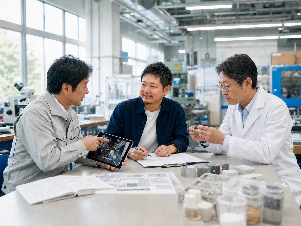 企業の工場担当者、チームアルマダの進行役、大学の研究者が技術検証について話し合う様子